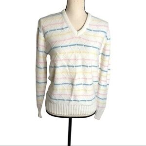 Vintage 80's Hogan Union Made V-Neck Knit Stripe Colorful Sweater Size L